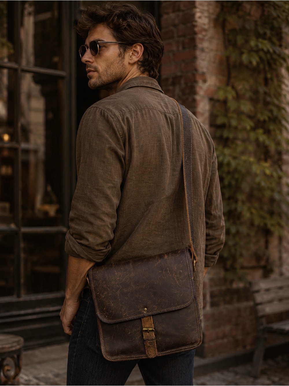 Oskar Stag Distressed Leather Messenger Bag Rustic Brown Crossbody Satchel
